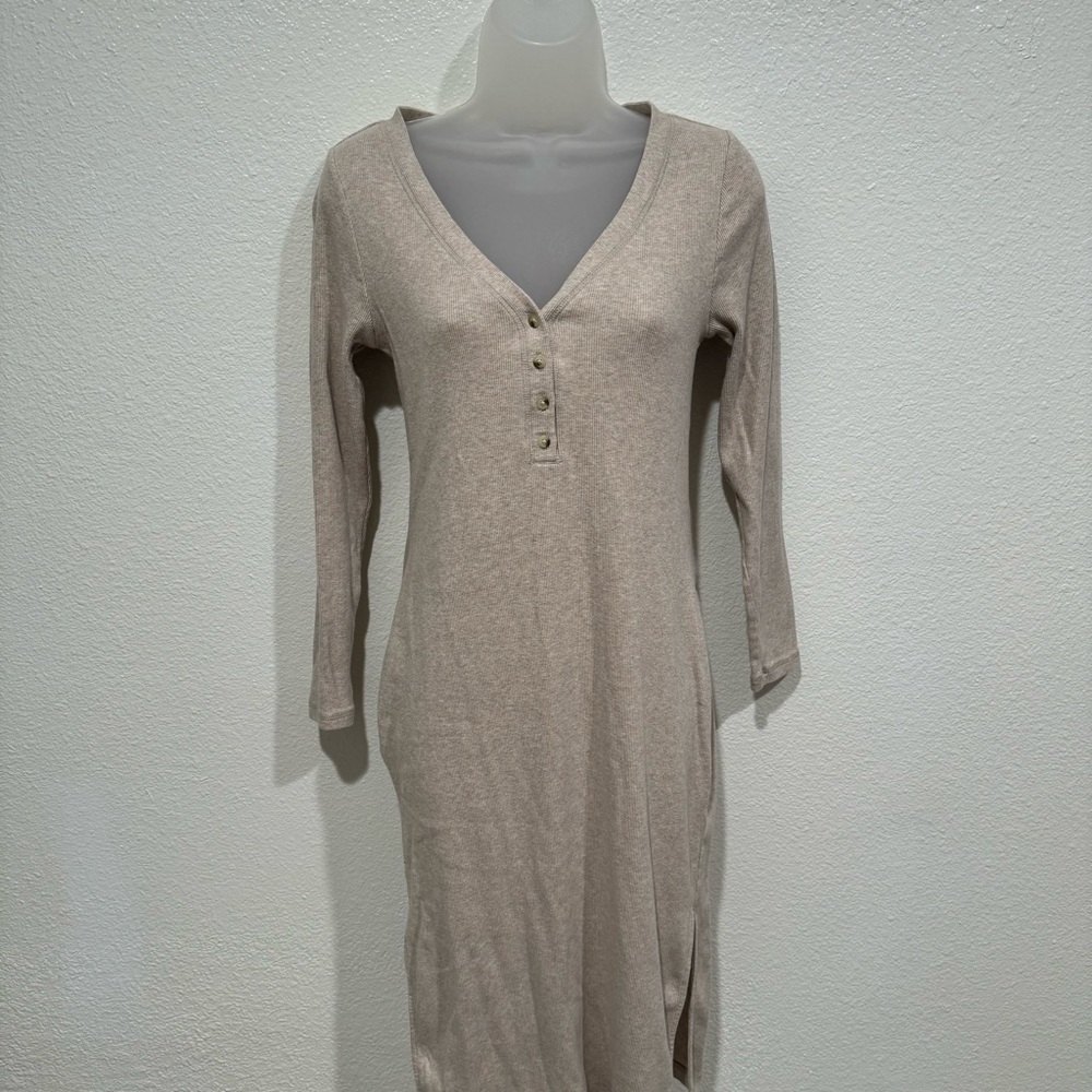 old navy beige cream brown v neck button long sleeve sweater long midi dress